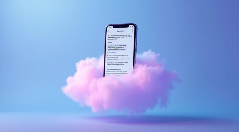 Minimalistyczny smartfon w świetlistej chmurze z czatem iMessage.
