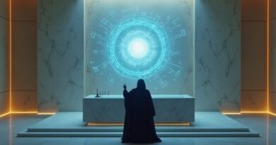 Futurystyczna sala sądowa w Abu Zabi z holograficznym interfejsem AI nad marmurową ławą i sędzią w sylwetce.