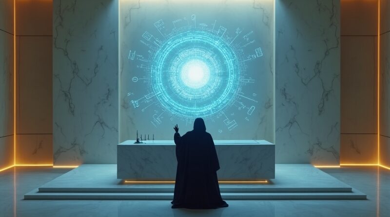 Futurystyczna sala sądowa w Abu Zabi z holograficznym interfejsem AI nad marmurową ławą i sędzią w sylwetce.