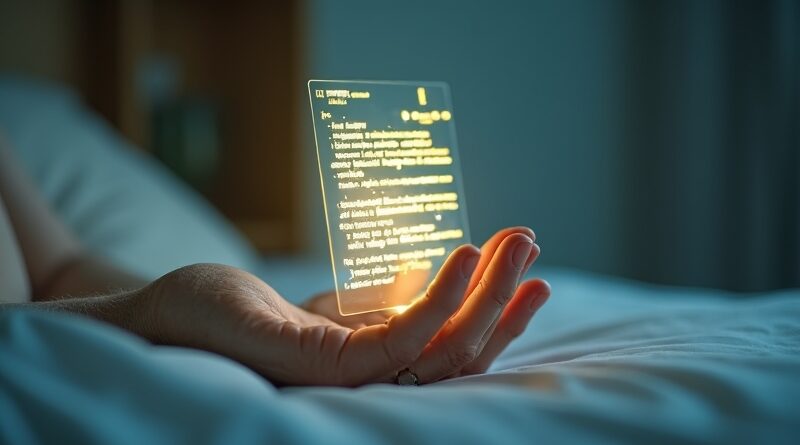 Starsza dłoń na łóżku, nad nią świecący cyfrowy dokument w pastelowych barwach.