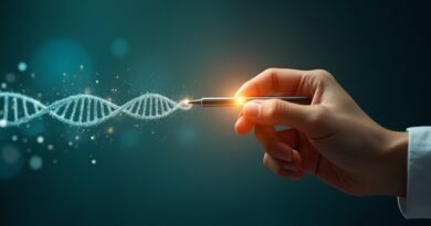 Ręka lekarza z penlightem, wiązka światła przechodzi w medyczne dane i helisy DNA.