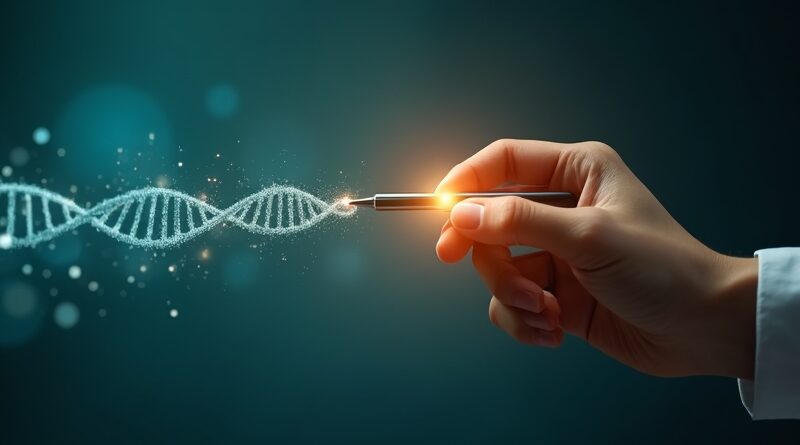 Ręka lekarza z penlightem, wiązka światła przechodzi w medyczne dane i helisy DNA.
