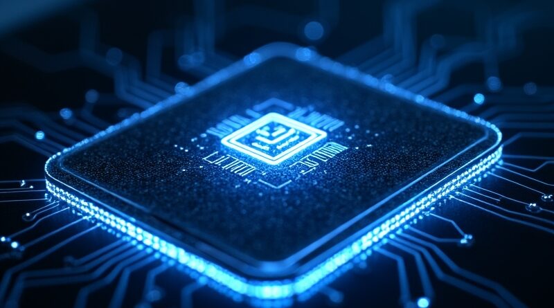 Lśniący wafer krzemowy z emblematem Claude, otoczony pierścieniem Samsung, ślady sieci neuronowych.