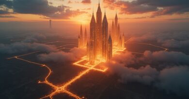 Surrealistyczny lotniczy widok krysztalowych centrów danych z żarzącymi się światłowodami na amerykańskich równinach o świcie.