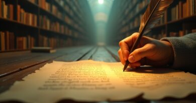 Dłoń pisze piórem na pergaminie, zanikającym w złote światło i nieskończone biblioteki.