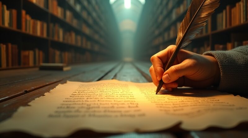 Dłoń pisze piórem na pergaminie, zanikającym w złote światło i nieskończone biblioteki.