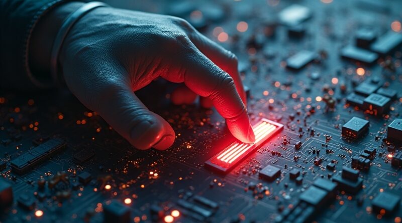 Gigantyczna dłoń wyciąga świetlną wtyczkę bezpieczeństwa z futurystycznego miasta, agenci AI rozsypują się.