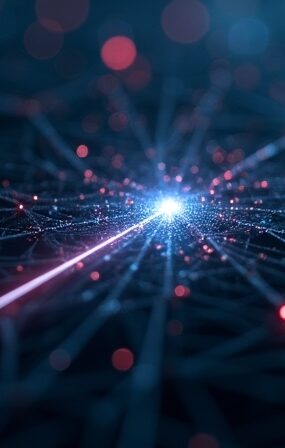 Precyzyjny laser celujący w pojedynczy węzeł sieci modeli AI na ciemnym tle.