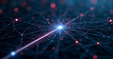 Precyzyjny laser celujący w pojedynczy węzeł sieci modeli AI na ciemnym tle.