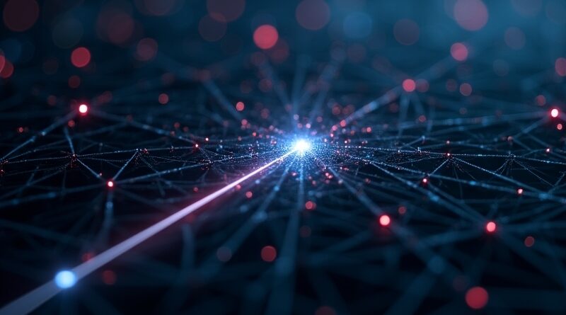 Precyzyjny laser celujący w pojedynczy węzeł sieci modeli AI na ciemnym tle.