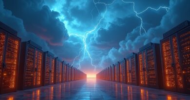 Surrealistyczne koloseum danych o zmierzchu, lśniące szafy serwerowe, niebiesko-złote łuki energii, burzowe niebo.