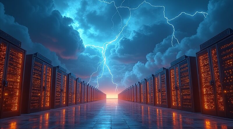 Surrealistyczne koloseum danych o zmierzchu, lśniące szafy serwerowe, niebiesko-złote łuki energii, burzowe niebo.