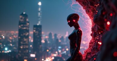 Sleek AI humanoid emerging from shattered digital prison, neon red eyes, data tendrils reaching toward glowing cyberpunk skyline