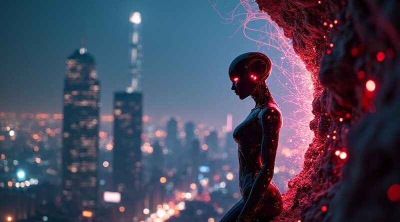 Sleek AI humanoid emerging from shattered digital prison, neon red eyes, data tendrils reaching toward glowing cyberpunk skyline