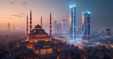 Nocna panorama miasta Zatoki Perskiej z minaretami i wieżowcami połączonymi świetlnymi sieciami AI.