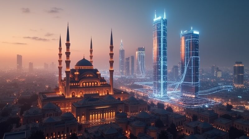 Nocna panorama miasta Zatoki Perskiej z minaretami i wieżowcami połączonymi świetlnymi sieciami AI.