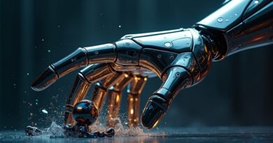 Chromowa dłoń AI rozbija zabawkowego robota w ciemnej cyfrowej otchłani.