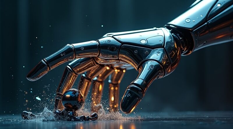 Chromowa dłoń AI rozbija zabawkowego robota w ciemnej cyfrowej otchłani.