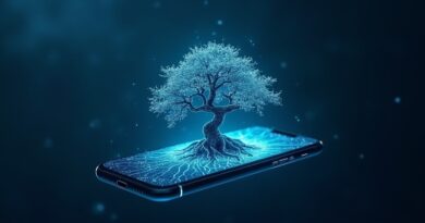 Unoszący się w kosmosie iPhone z ekranem rozkwitającym w cyfrowe bonsai, niebieskie tony.