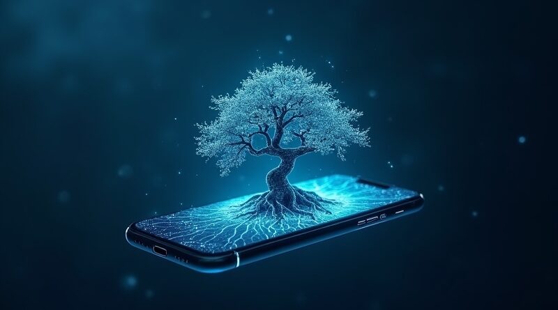 Unoszący się w kosmosie iPhone z ekranem rozkwitającym w cyfrowe bonsai, niebieskie tony.