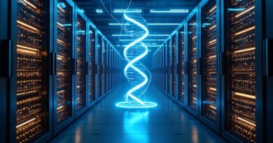 Futurystyczne laboratorium z serwerami w błękicie i złocie, nici DNA łączą się ze światłowodami.