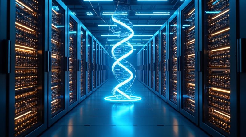 Futurystyczne laboratorium z serwerami w błękicie i złocie, nici DNA łączą się ze światłowodami.