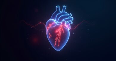 Przezroczyste cyfrowe serce pulsujące neonowym błękitem i czerwienią w mroku.
