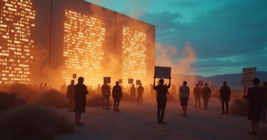 Protestujący z tablicami blokują świecące centrum danych na pustyni o zmierzchu, bursztynowe i niebieskie światło.