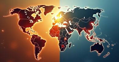 Surreal world map split: warm red-gold side with 29 glowing nodes, cool blue-gray isolated side.