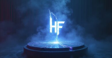 Pęknięty postument z logo HF, zniekształcone twarze w zimnym, fioletowym świetle.