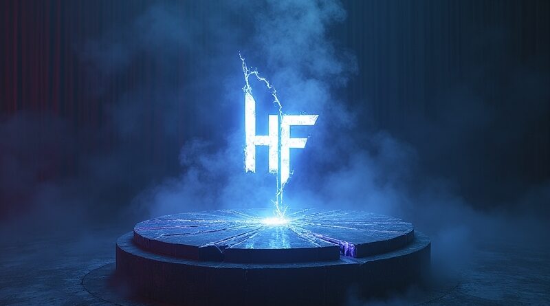 Pęknięty postument z logo HF, zniekształcone twarze w zimnym, fioletowym świetle.