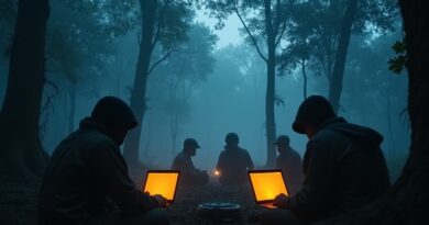Cyfrowy cień nad obozem w dżungli, świecące laptopy, sylwetki bojowników, klimat noir.