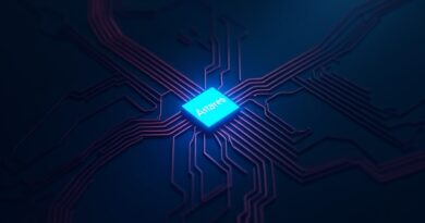 Niebieski mikrochip Antares rzuca ostry cień na falujące czerwono-czarne linie kodu.