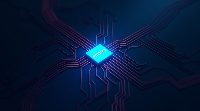 Niebieski mikrochip Antares rzuca ostry cień na falujące czerwono-czarne linie kodu.
