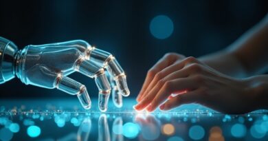 Przezroczysta robotyczna dłoń prowadzi ludzką dłoń nad świecącym blatem, unoszą się cyfrowe węzły umiejętności.
