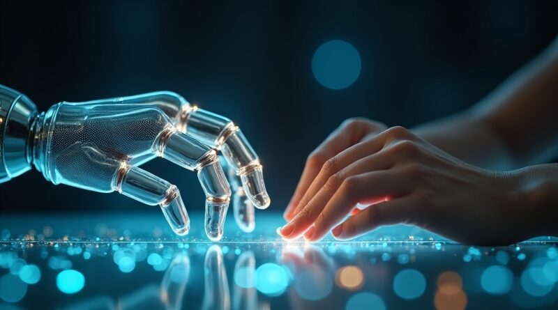 Przezroczysta robotyczna dłoń prowadzi ludzką dłoń nad świecącym blatem, unoszą się cyfrowe węzły umiejętności.