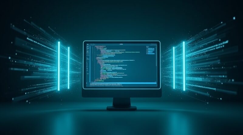Centralny edytor otoczony świecącymi panelami i błękitno-srebrnymi strumieniami światła.