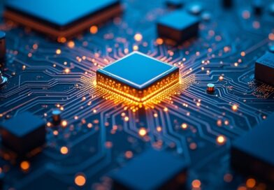Nowoczesna płytka drukowana, router dzieli dane na złote i niebieskie strumienie, cyberpunk