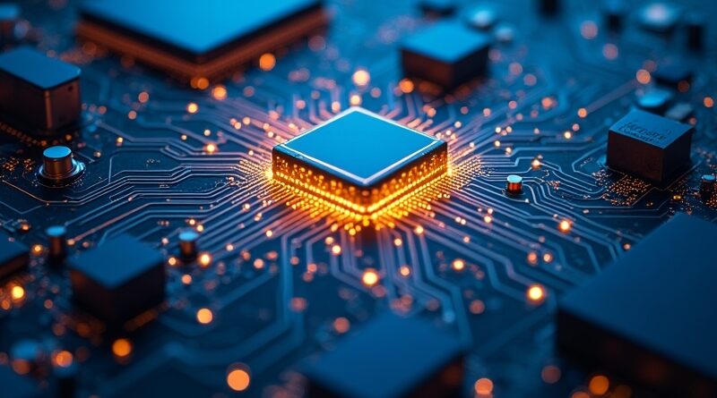 Nowoczesna płytka drukowana, router dzieli dane na złote i niebieskie strumienie, cyberpunk