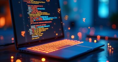 Indyjski programista koduje na laptopie, motywy UPI, barwy szafranu i błękitu.