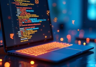 Indyjski programista koduje na laptopie, motywy UPI, barwy szafranu i błękitu.