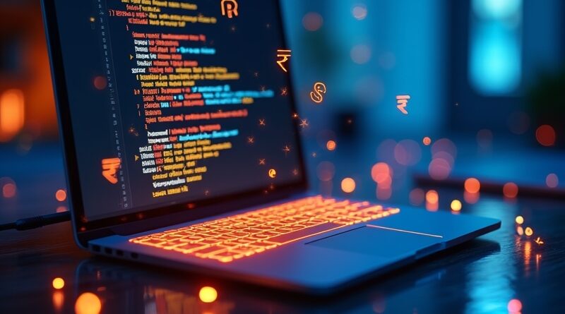 Indyjski programista koduje na laptopie, motywy UPI, barwy szafranu i błękitu.