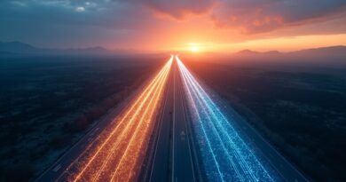 Lotnicze ujęcie autostrady w Kazachstanie o zachodzie słońca, neonowe cyfrowe strumienie danych i latające soczewki kamer.
