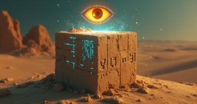 Weathered sandstone with glowing hieroglyphs dissolving into code, golden holographic eye scanning.