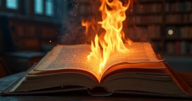 Płonące antyczne książki w bibliotece, ogień tworzy świecący kod binarny.