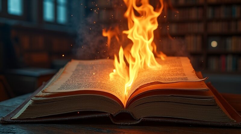 Płonące antyczne książki w bibliotece, ogień tworzy świecący kod binarny.