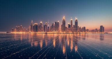 Dubaj o zmierzchu, abstrakcyjne sieci neuronowe, złote i indygo wykresy finansowe.