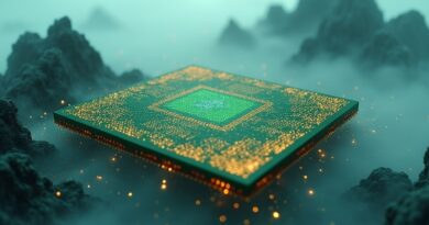 Jade-green AI chip with gold circuits over misty mountains, symbolizing Chinese AI independence.
