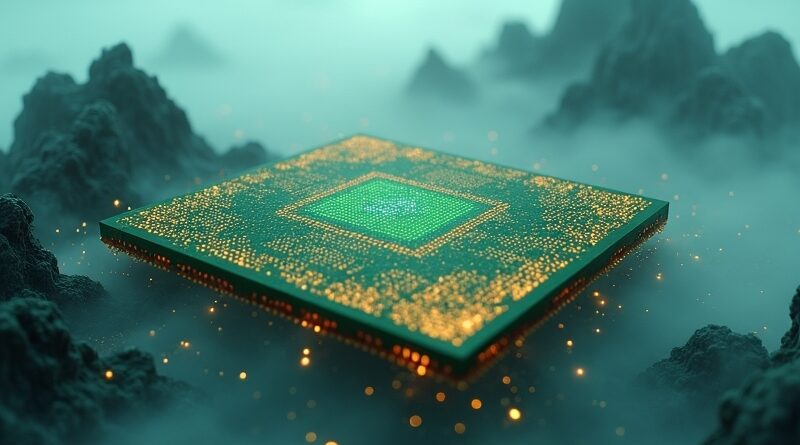 Jade-green AI chip with gold circuits over misty mountains, symbolizing Chinese AI independence.