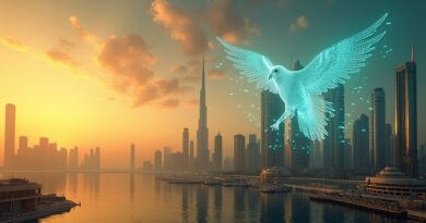 Dubajski zachód słońca, złoty sokół z hologramu AI, symbol transformacji gospodarczej.